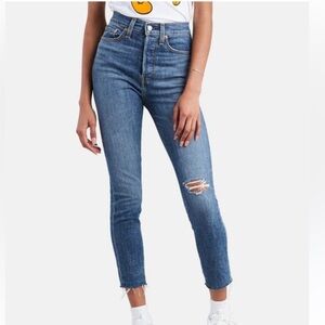 Levi’s Wedgie Skinny High Rise Blue Button Fly Distressed Raw Hem Jeans Size 29